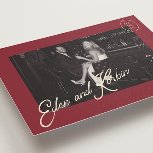 This is a campari save the date postcards with standard by Susan Zinader called cocktail hour printing on signature in postcard