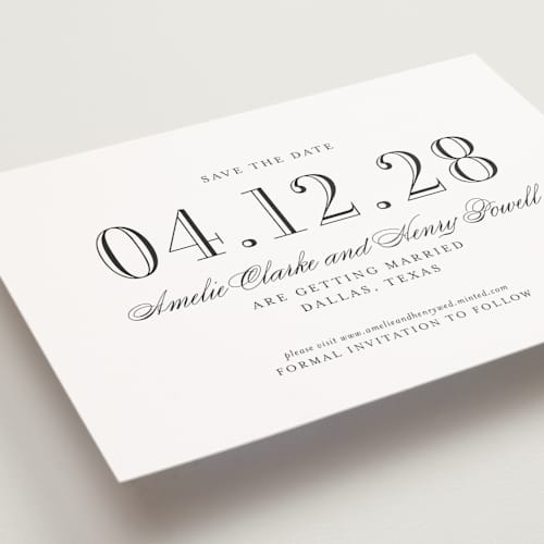 This is a tuxedo save the date postcards with standard by Megan Davis called hepburn printing on signature in postcard
