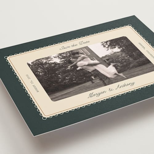 This is a emerald save the date postcards with standard by Kate Ahn called bettie printing on signature in postcard