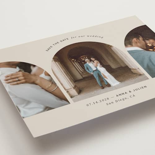 This is a sand save the date postcards with standard by Kristin Oliversen called pure elegance printing on signature in postcard