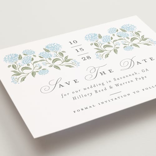 This is a nantucket save the date postcards with standard by Susan Zinader called hydrangea hedge printing on signature in postcard