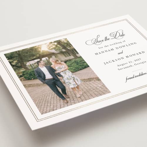 This is a snow save the date postcards with foil pressed by Sarah Brown called traditionally printing on signature in postcard