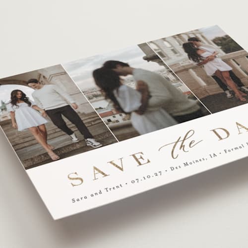 This is a eclipse save the date postcards with foil pressed by Andrea Cernin called minimal elegance printing on signature in postcard