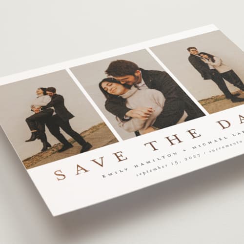 This is a lace save the date postcards with foil pressed by Nicole Walsh called elegant trio printing on signature in postcard