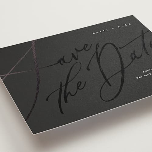 This is a noir save the date postcards with foil pressed by Eric Clegg called brush script printing on signature in postcard