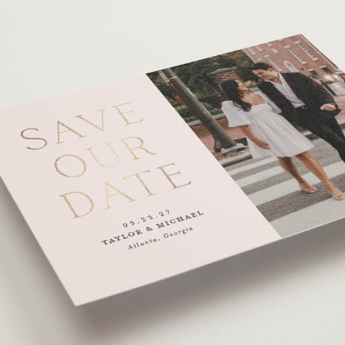 This is a natural save the date postcards with foil pressed by Vanessa Doyle called soon to wed printing on signature in postcard