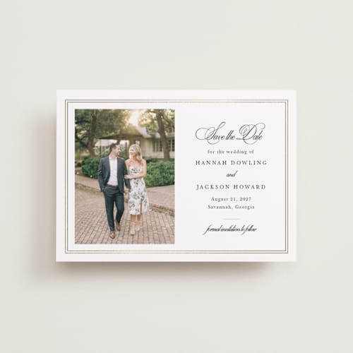 This is a snow petite save the dates with foil pressed by Sarah Brown called traditionally printing on recycled smooth signature in petite