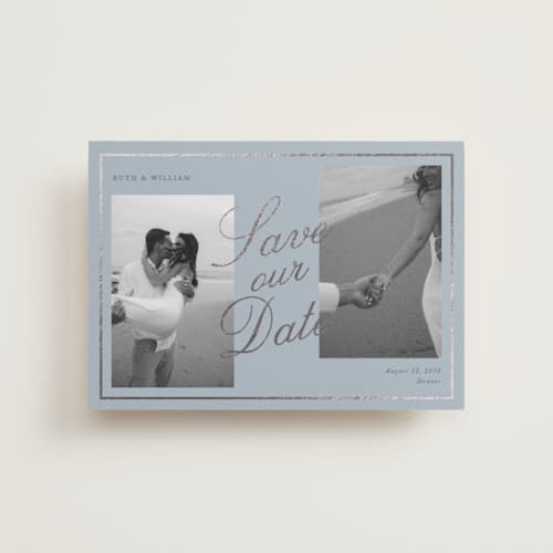 This is a french blue petite save the dates with foil pressed by Brianne Larsen called timeless love printing on recycled smooth signature in petite