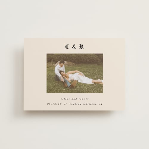 This is a ecru petite save the dates with standard by AK Graphics called marmont printing on recycled smooth signature in petite