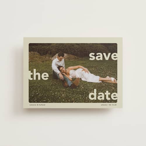 This is a mint petite save the dates with standard by Lori Wemple called save.the.date printing on recycled smooth signature in petite