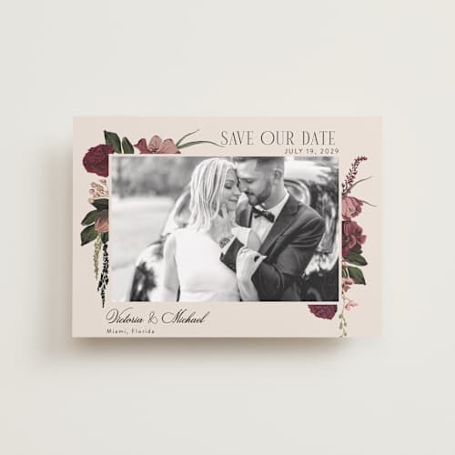 This is a merlota petite save the dates with standard by Susan Moyal called romantics printing on recycled smooth signature in petite