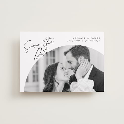 This is a snow petite save the dates with standard by Pixel and Hank called capture printing on recycled smooth signature in petite