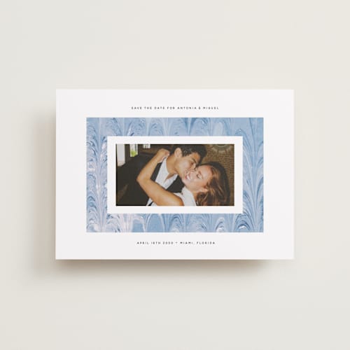 This is a sea petite save the dates with standard by Olivia Kanaley Inman called marbled printing on recycled smooth signature in petite