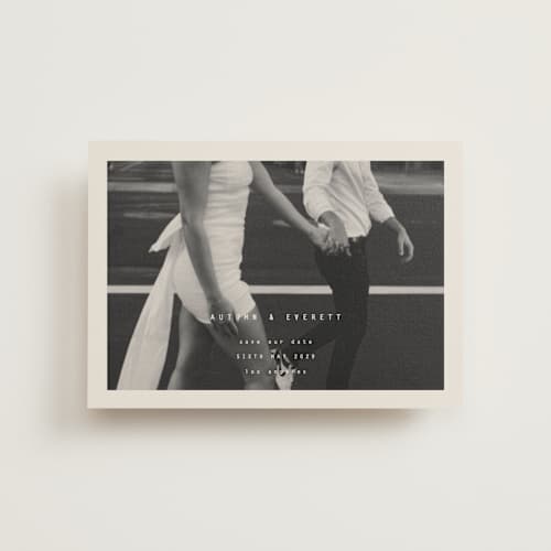 This is a vanilla petite save the dates with standard by Blustery August called nonnette printing on recycled smooth signature in petite