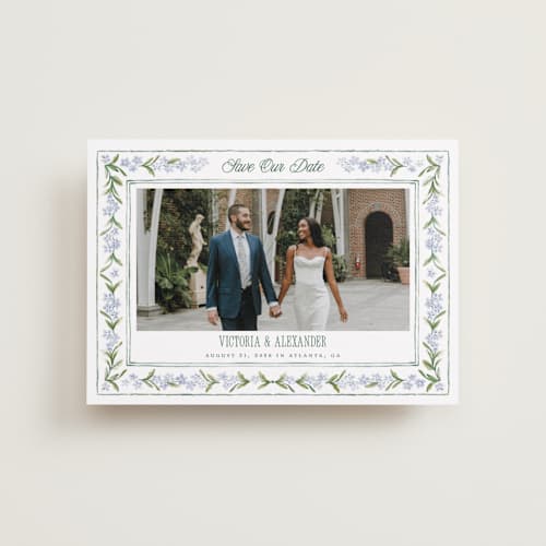 This is a wisteria petite save the dates with standard by Jenna Holcomb called vintage sketched printing on recycled smooth signature in petite