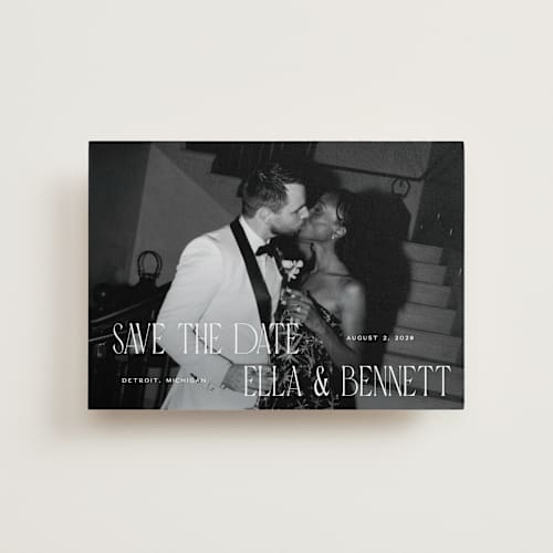 This is a snow petite save the dates with standard by Pixel and Hank called gaze printing on recycled smooth signature in petite