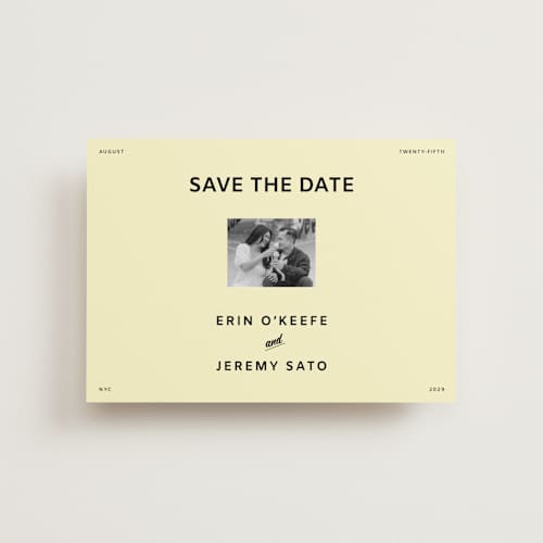 This is a butter petite save the dates with standard by Studio Suku called courthouse printing on recycled smooth signature in petite