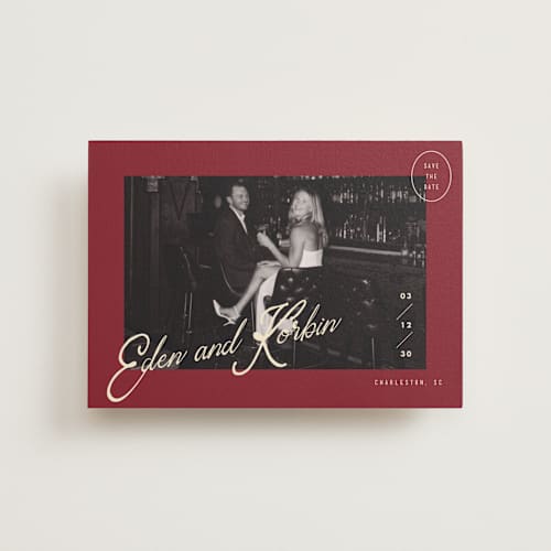 This is a campari petite save the dates with standard by Susan Zinader called cocktail hour printing on recycled smooth signature in petite