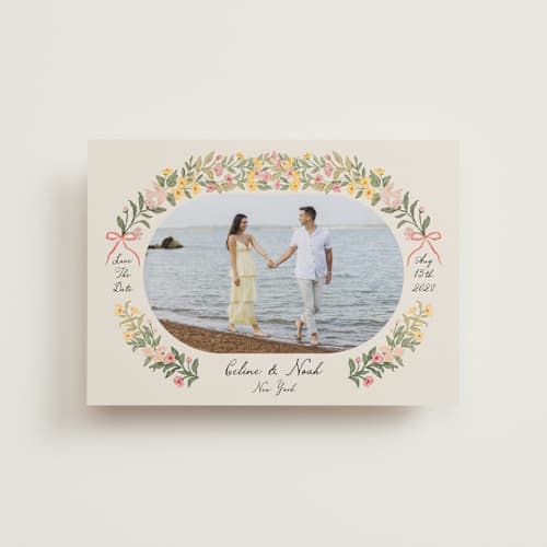 This is a spring petite save the dates with standard by Elly called spring printing on recycled smooth signature in petite