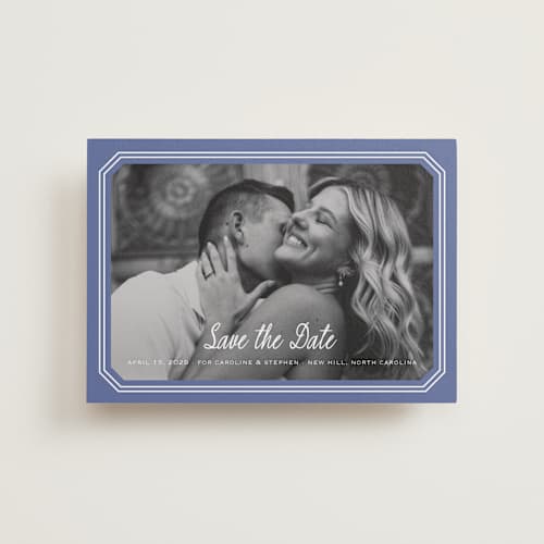 This is a blueberry petite save the dates with standard by Carolyn MacLaren called deluxe printing on recycled smooth signature in petite