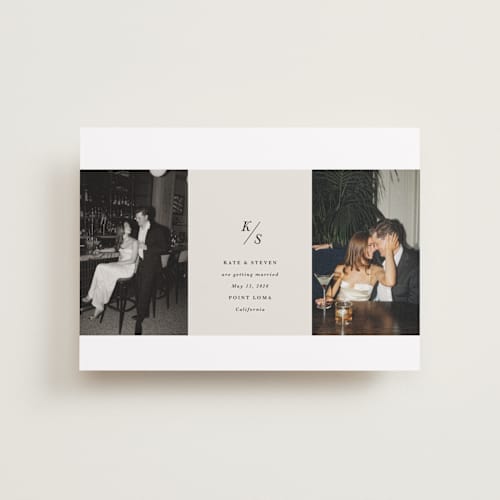 This is a dove petite save the dates with standard by Olivia Kanaley Inman called parker printing on recycled smooth signature in petite