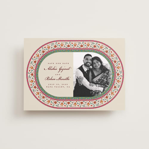 This is a ivory petite save the dates with standard by Sherley Ferreira called mughal gardens printing on recycled smooth signature in petite
