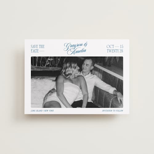 This is a lake petite save the dates with standard by Robert and Stella called opening titles printing on recycled smooth signature in petite