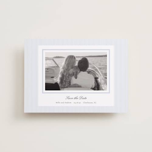 This is a sky petite save the dates with standard by Sara Hicks Malone called seersucker stripe printing on recycled smooth signature in petite
