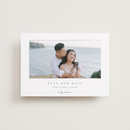 This is a shadow petite save the dates with standard by Kasia Labocki called border printing on recycled smooth signature in petite
