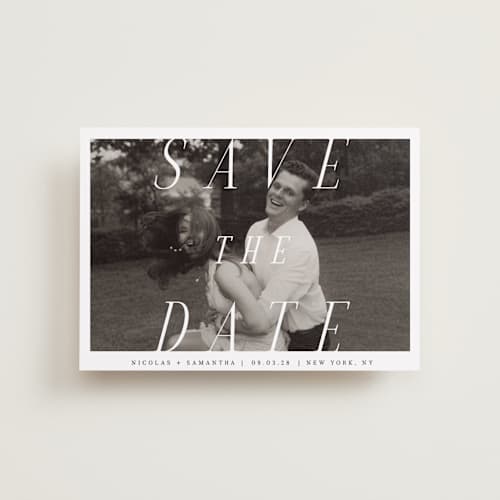 This is a ink petite save the dates with standard by Olivia Raufman called felicity printing on recycled smooth signature in petite