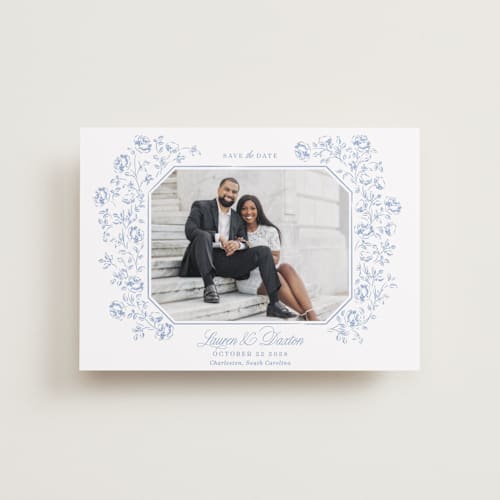 This is a sky petite save the dates with standard by Robert and Stella called framed florals printing on recycled smooth signature in petite