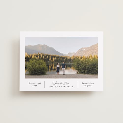 This is a alabaster petite save the dates with standard by Erica Krystek called simple columns printing on recycled smooth signature in petite