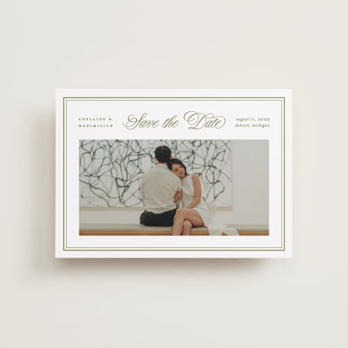 This is a olive petite save the dates with standard by Ellen Schlegelmilch called museo printing on recycled smooth signature in petite