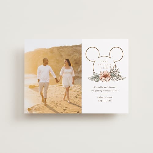 This is a earth petite save the dates with standard by Shiny Penny Studio called disney's mickey mouse tropical frame printing on recycled smooth signature in petite