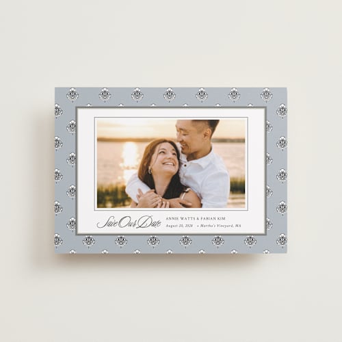 This is a classic petite save the dates with standard by Cindy Reynolds called sophisticated charm printing on recycled smooth signature in petite