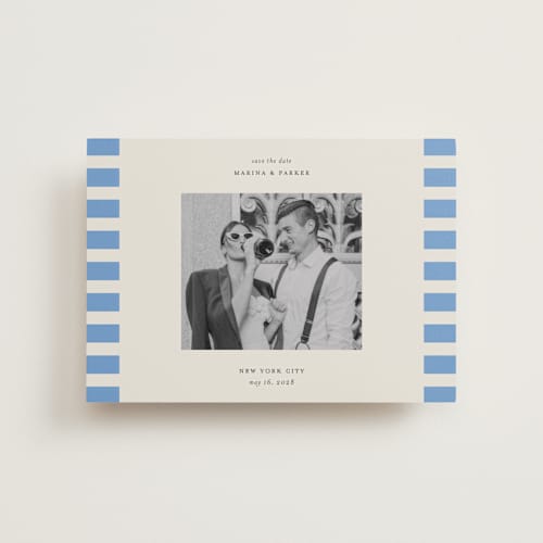 This is a sky petite save the dates with standard by Jackie Crawford called modern border printing on recycled smooth signature in petite