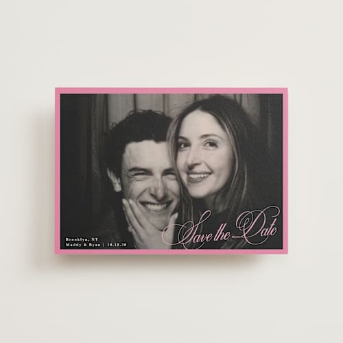 This is a peony petite save the dates with standard by Morgan Kendall called bubblegum printing on recycled smooth signature in petite