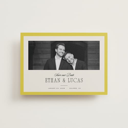 This is a citron petite save the dates with standard by Blustery August called mille-feuille printing on recycled smooth signature in petite