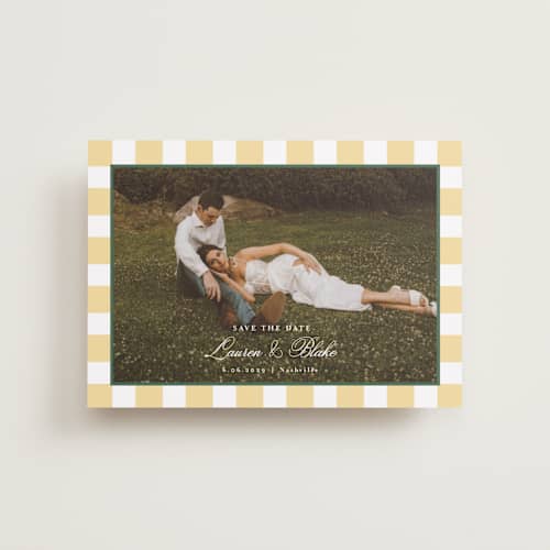 This is a citrine petite save the dates with standard by Emily Betts called curved frame printing on recycled smooth signature in petite