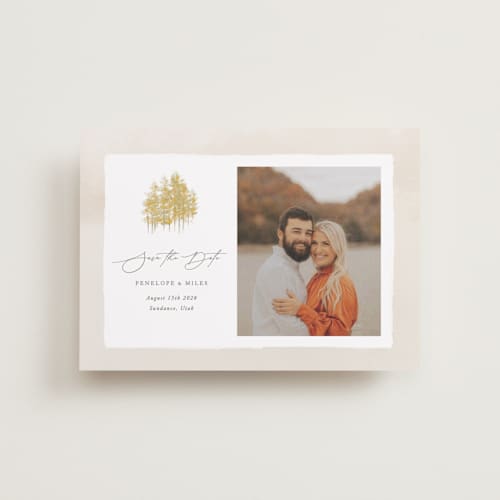 This is a natural petite save the dates with standard by Robert and Stella called aspen printing on recycled smooth signature in petite