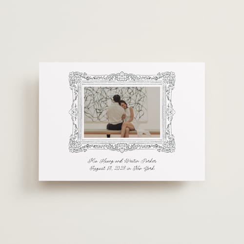 This is a diamond petite save the dates with standard by Jenna Holcomb called sketched frame printing on recycled smooth signature in petite