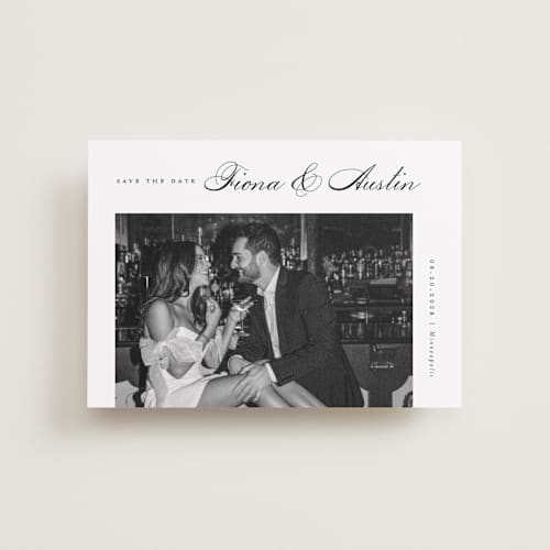 This is a onyx petite save the dates with standard by Michelle Taylor called lovely day printing on recycled smooth signature in petite