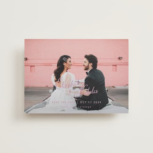 This is a lilac dreams petite save the dates with standard by Design Lotus called lavender dreams printing on recycled smooth signature in petite