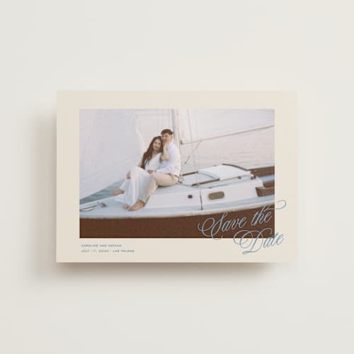 This is a capri petite save the dates with standard by Creo Study called classic contemporary printing on recycled smooth signature in petite