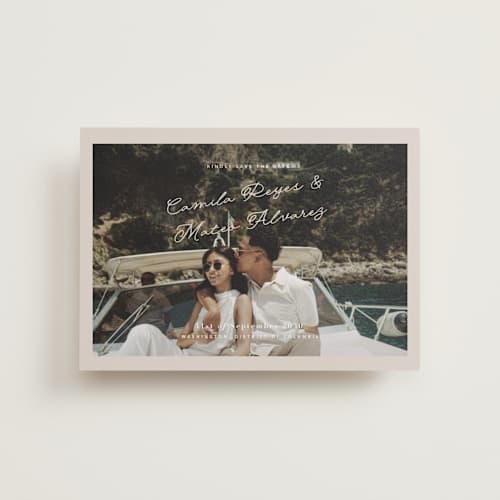 This is a yachting petite save the dates with standard by Design Lotus called where our story begins printing on recycled smooth signature in petite