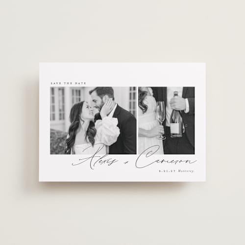This is a noir petite save the dates with standard by Emily Betts called simple two printing on recycled smooth signature in petite