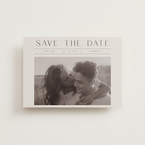 This is a mist petite save the dates with standard by Christy Hy Lee called you and me printing on recycled smooth signature in petite