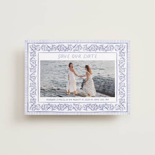 This is a cerulean petite save the dates with standard by Jenna Holcomb called provincial printing on recycled smooth signature in petite