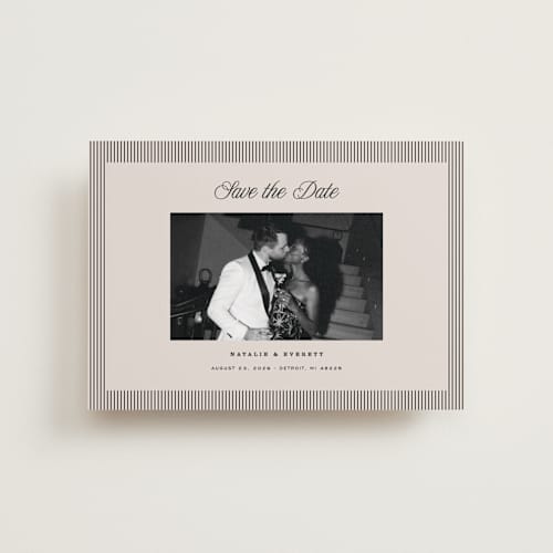 This is a noir petite save the dates with standard by Pixel and Hank called linea printing on recycled smooth signature in petite
