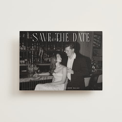 This is a snow petite save the dates with standard by Maja Cunningham called classic timeless printing on recycled smooth signature in petite